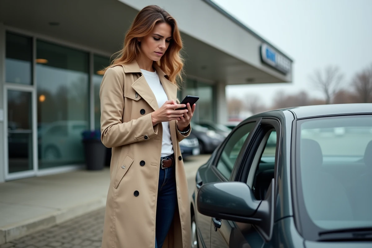 Femme consultant l'historique d'un véhicule d'occasion sur son smartphone avant un achat