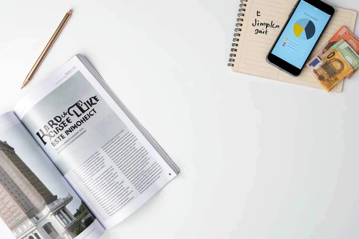 Vue aérienne d'actifs financiers symboliques : billets, pièce d'or, smartphone avec portefeuille boursier et magazine finance