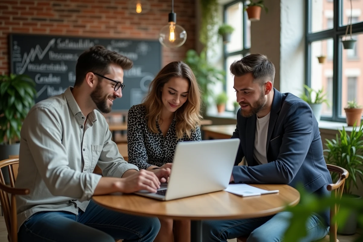 Groupe de professionnels discutant d'investissements éthiques et de critères ESG dans un espace de coworking