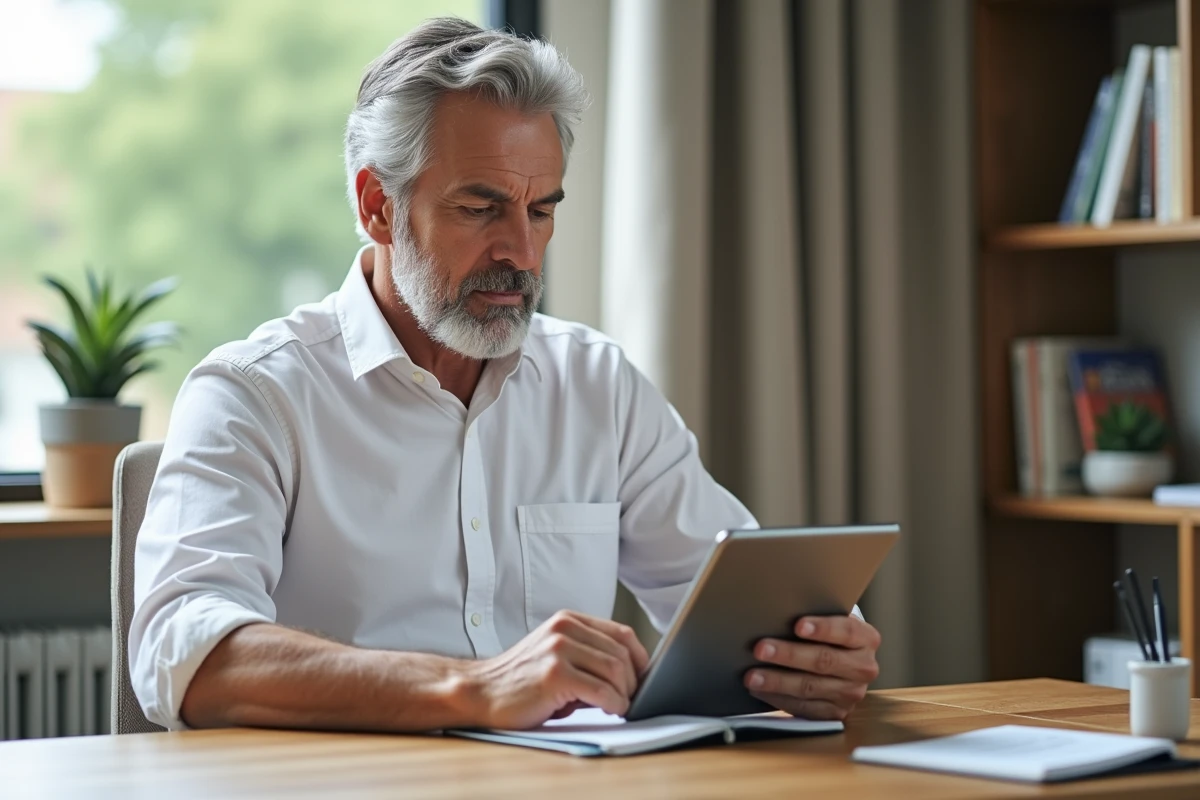 Homme mature consultant un portefeuille d'actions éthiques sur tablette dans un bureau à domicile épuré