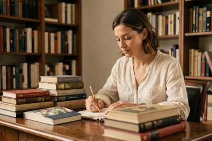 Femme auteure comparant différents formats de livres sur un bureau en bois entouré d'étagères remplies de romans et d'ouvrages illustrés