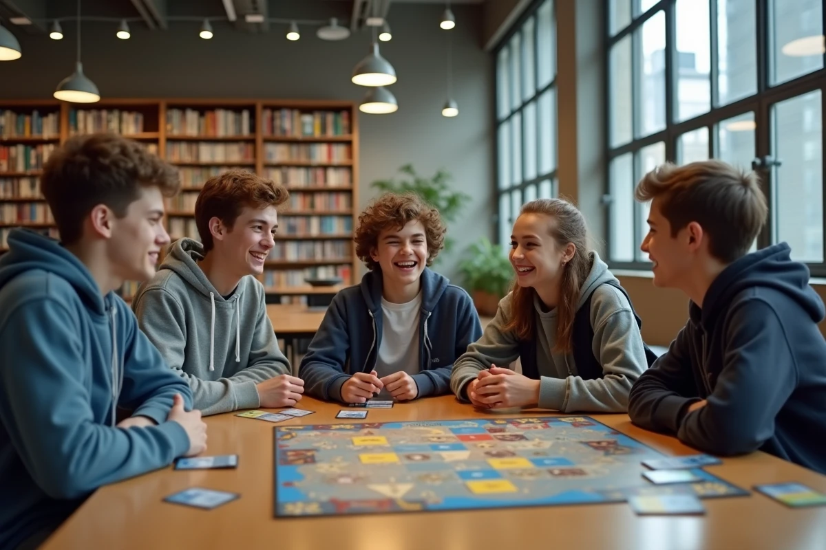 Groupe d'adolescents jouant à un jeu de stratégie en bibliothèque scolaire, apprentissage collaboratif par le jeu