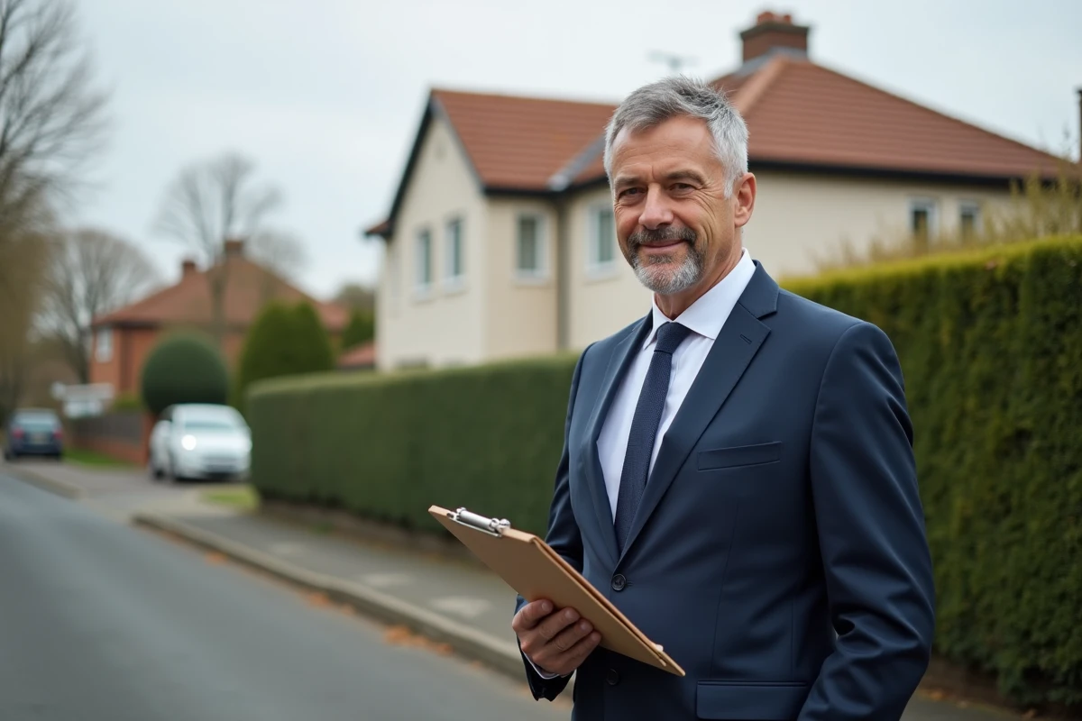 Agent immobilier évaluant une maison individuelle lors d'une estimation gratuite sur place
