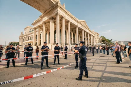 Policiers établissant un périmètre de sécurité devant le Palais des Festivals de Cannes lors d'une alerte à la bombe