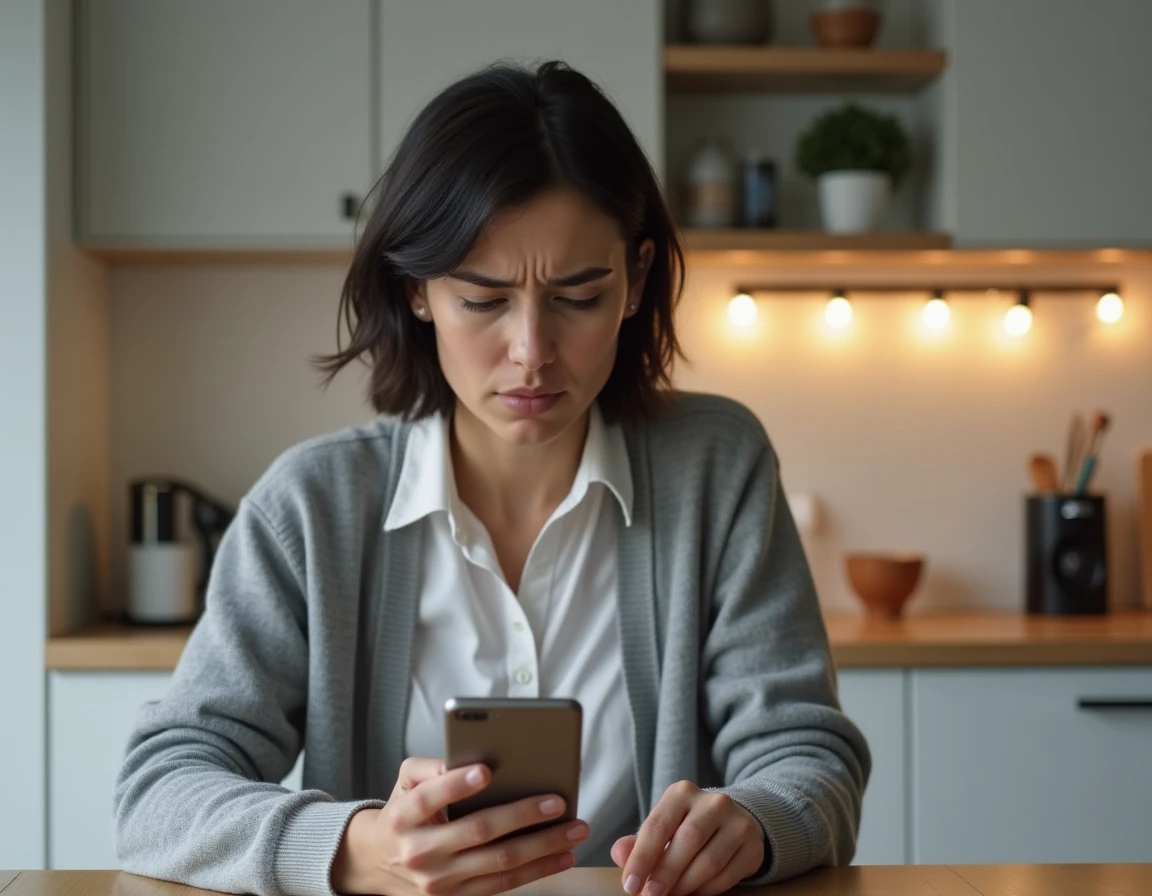 Femme consultant une alerte de sécurité sur smartphone dans une cuisine connectée, questionnant la fiabilité des objets connectés à domicile