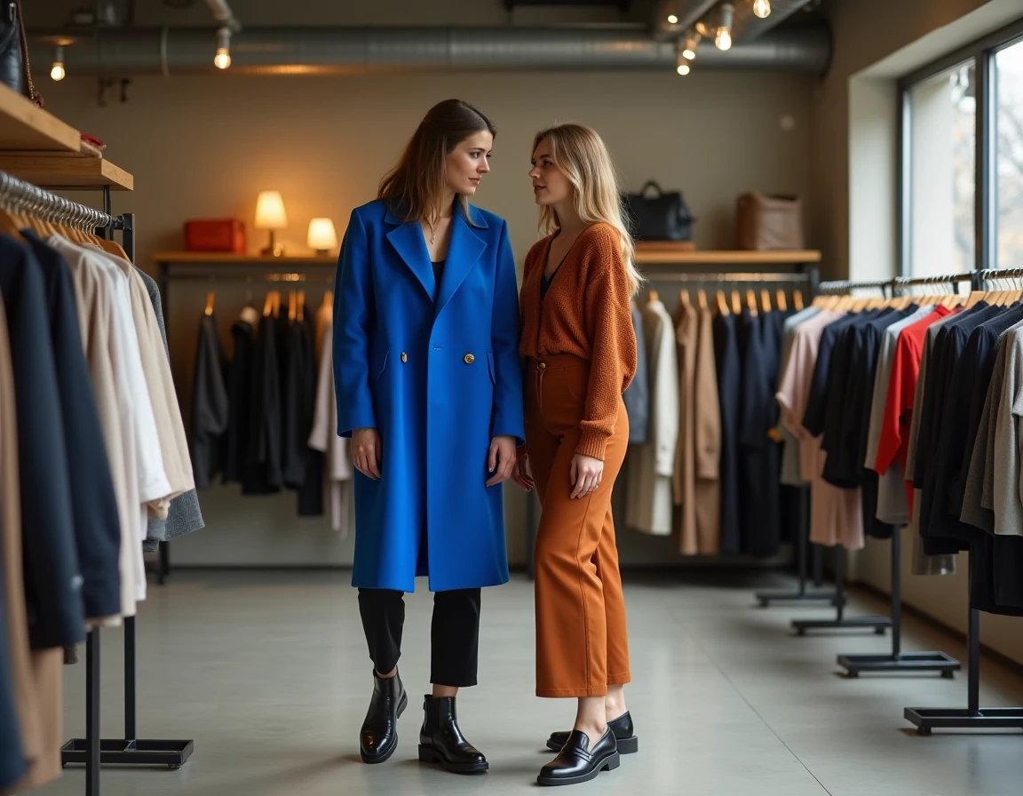 Deux amies stylées choisissant des vêtements dans une boutique concept store design, looks tendance cobalt et terracotta 2026
