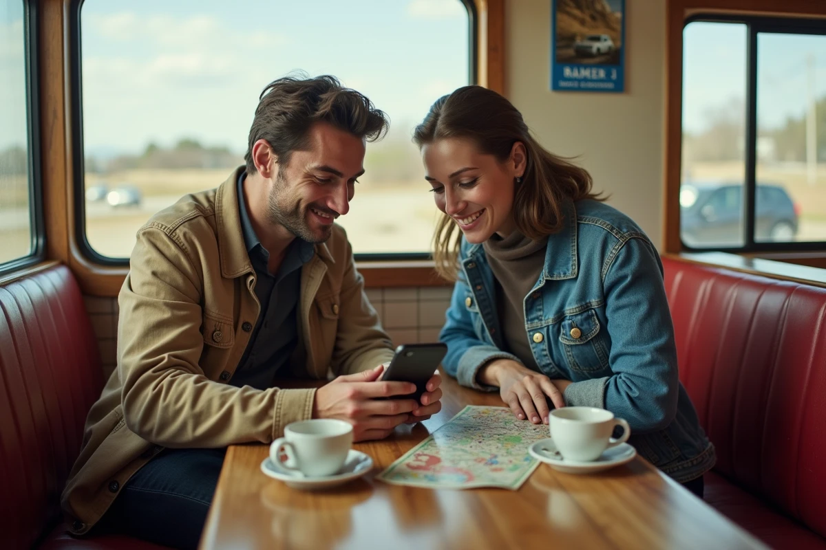 Deux amis consultant une application de voyage sur smartphone dans un diner américain pendant un road trip