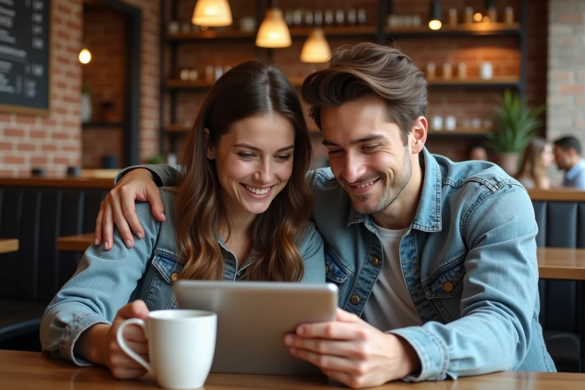 Deux amis partageant des vidéos amateurs sur une tablette dans un café au décor urbain