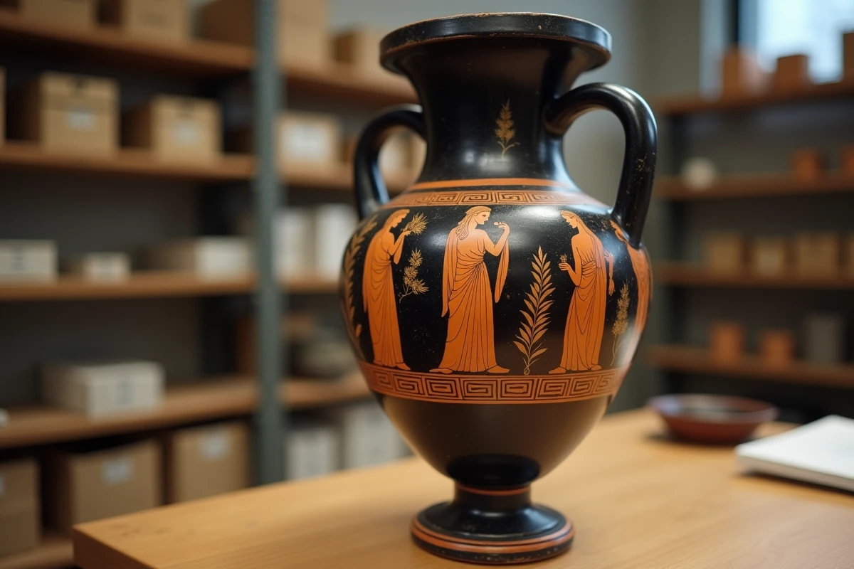 Amphore grecque antique peinte représentant Athéna avec l'égide et un rameau d'olivier