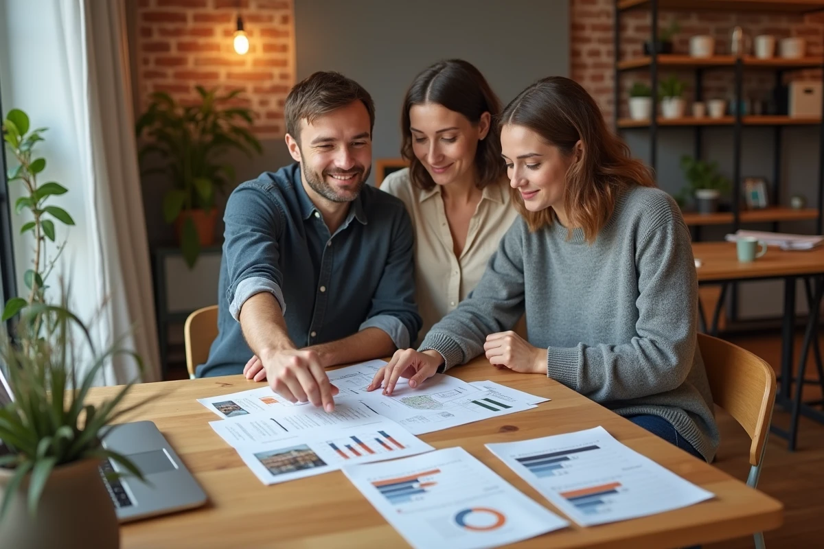 Agent immobilier et couple analysant la rentabilité d'un appartement locatif avec documents financiers