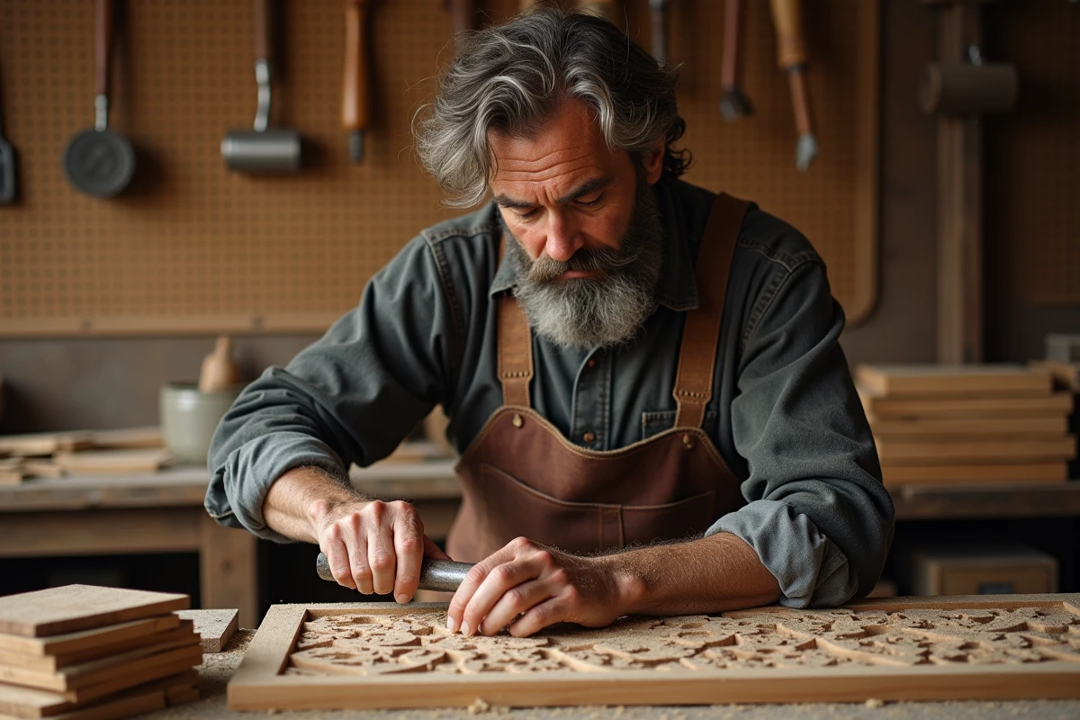 Artisan ébéniste sculptant des motifs décoratifs dans du bois dans un atelier traditionnel