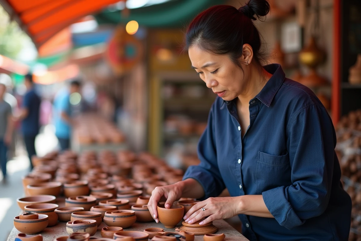 Artisane d'origine asiatique arrangeant des céramiques peintes sur un stand de marché culturel artisanal en plein air