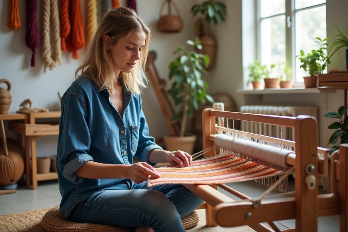 Jeune artisane tissant un textile coloré sur un métier à tisser traditionnel dans un atelier lumineux