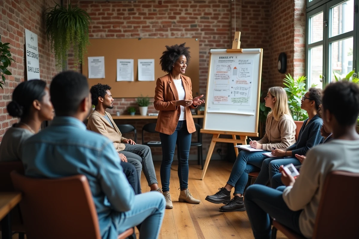 Atelier communautaire réunissant des adultes de cultures et générations diverses autour des enjeux d'égalité et d'inclusion sociale