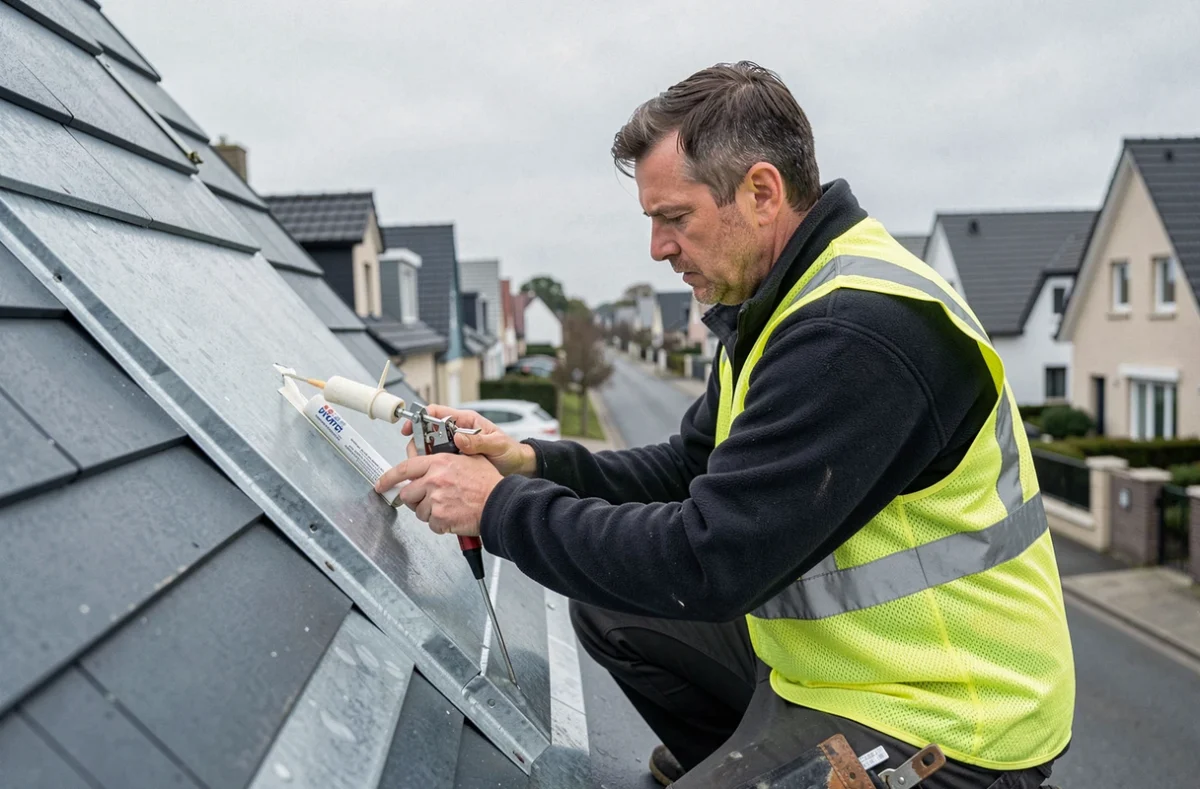 Technicien couvreur de Bat Expert scellant un solin autour d'une lucarne sur un pavillon de l'Oise
