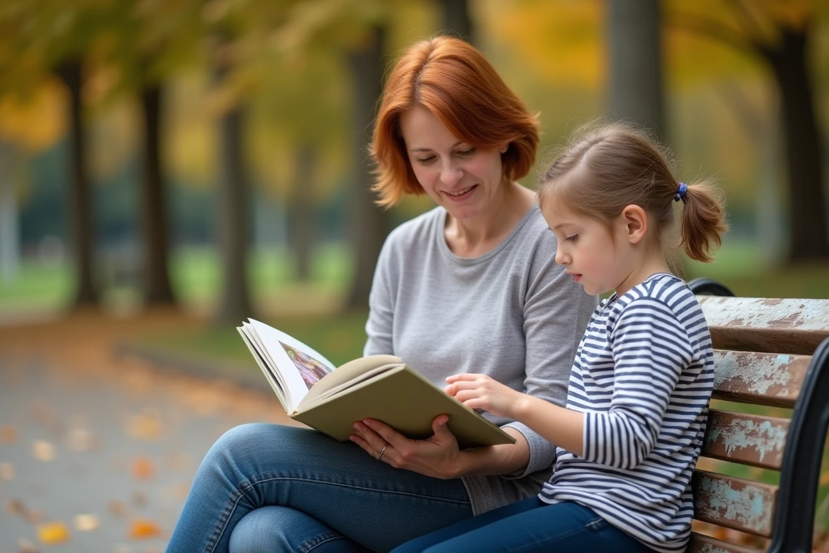 Belle-mère lisant un livre avec sa belle-fille assise sur un banc dans un parc en automne