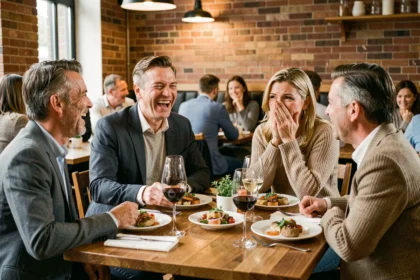 Groupe d'amis adultes qui rient ensemble autour d'une table de restaurant, illustrant l'humour partagé en société