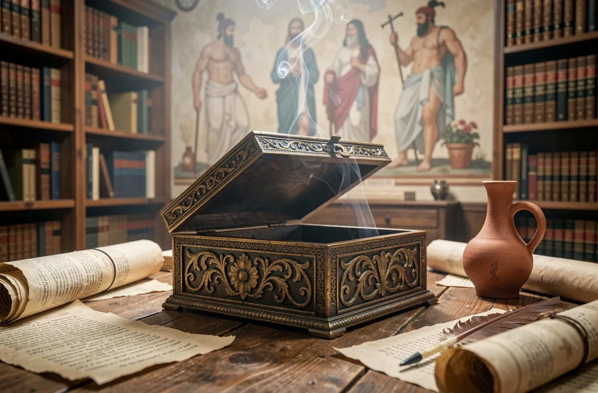 Gros plan d'une boîte antique entrouverte laissant échapper une fumée sombre sur une table en chêne dans une bibliothèque d'inspiration grecque antique