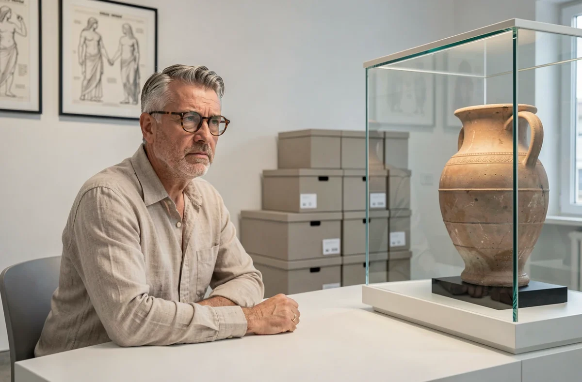 Homme contemplatif assis face à une vitrine de musée contenant un pithos grec antique illustrant la réflexion moderne sur le mythe de la boîte de Pandore