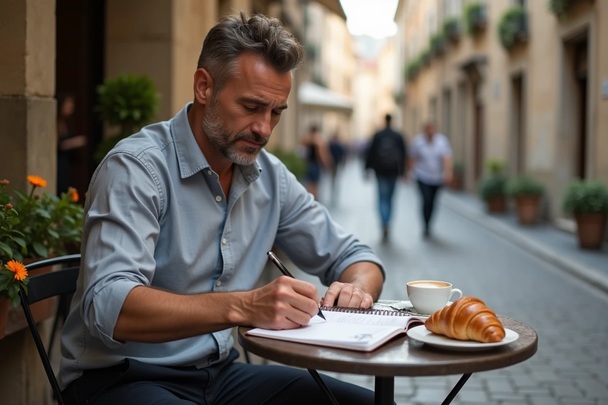 Homme consultant son budget dans un café de province française représentant un mode de vie économique
