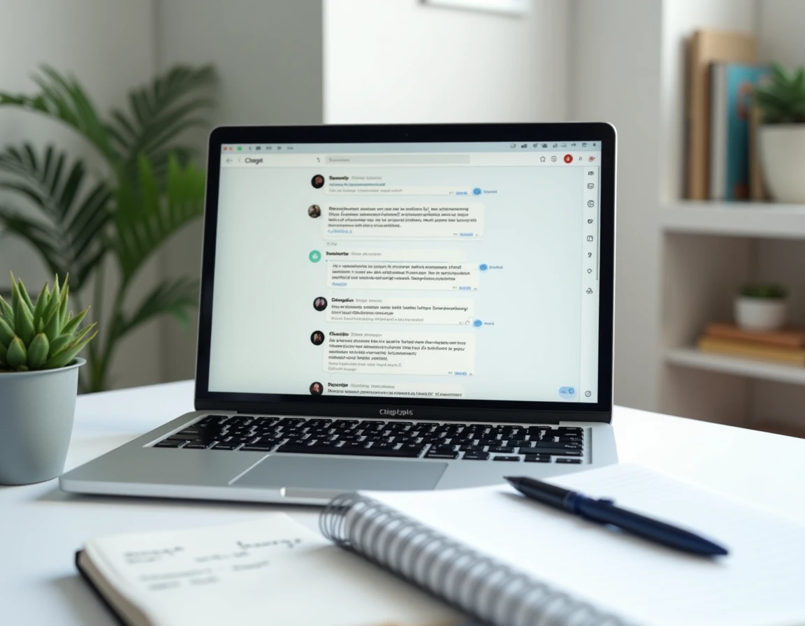 Bureau minimaliste avec un écran ChatGPT ouvert et des notes manuscrites pour vérifier les sources d'une réponse IA