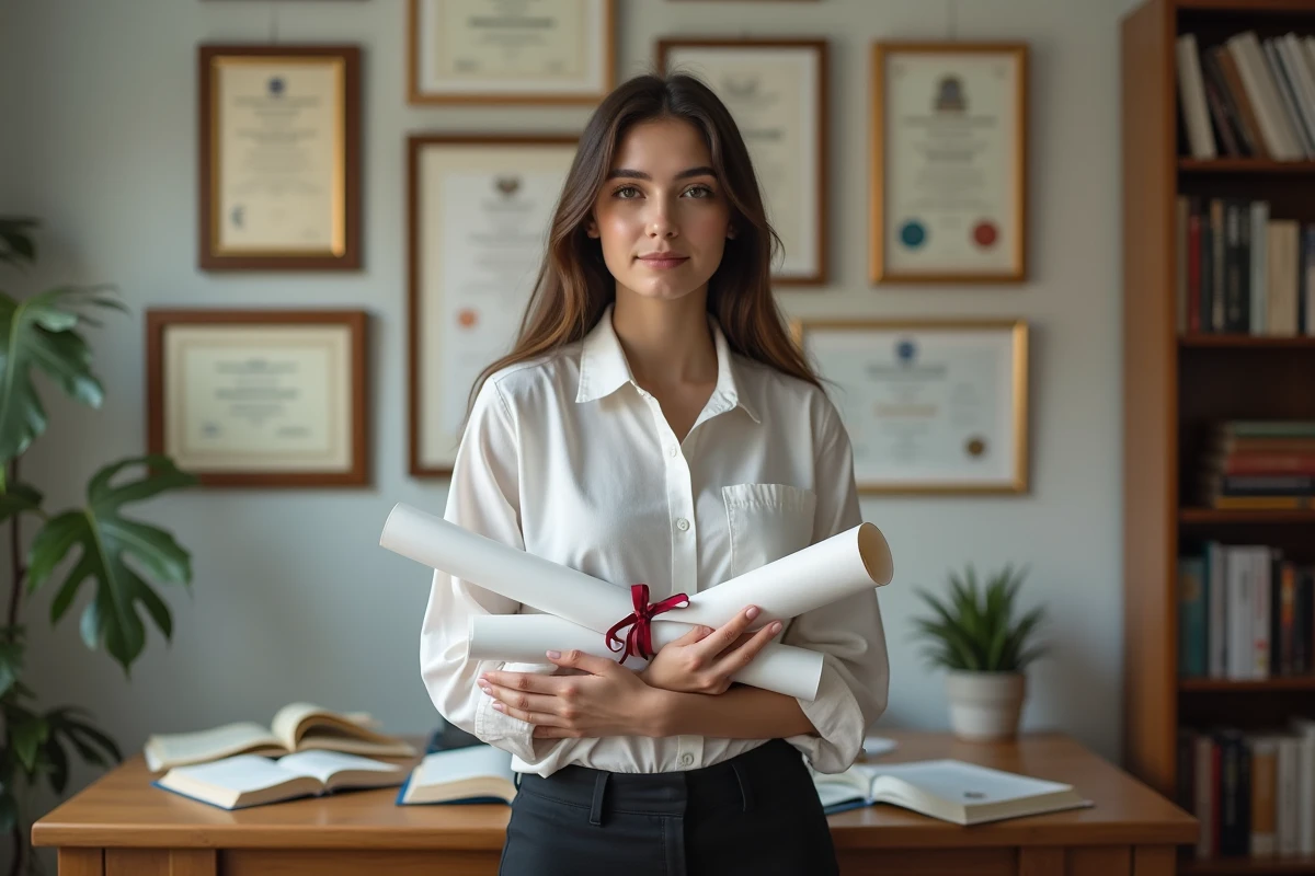 Jeune femme tenant un diplôme universitaire devant un mur de certificats académiques, illustrant le capital culturel selon Bourdieu