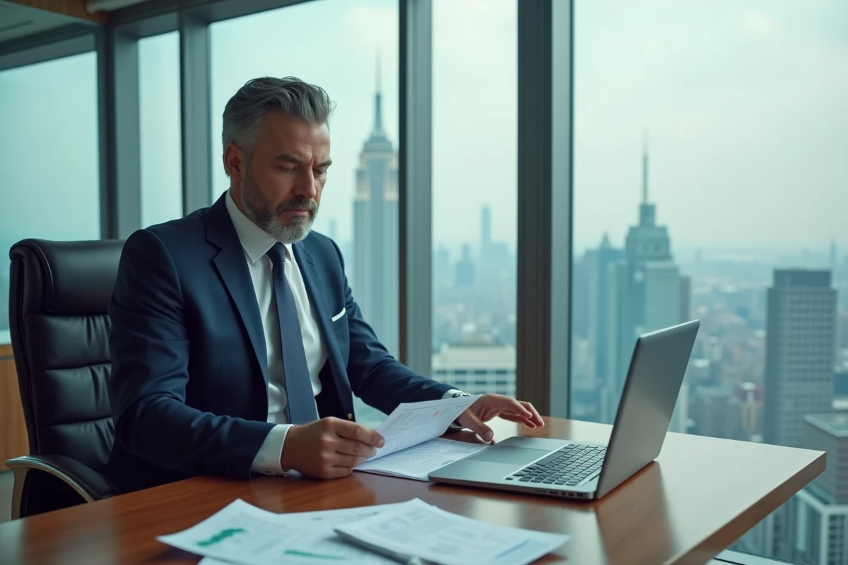 Homme d'affaires en costume examinant des documents financiers dans un bureau moderne, illustrant le capital économique selon Bourdieu