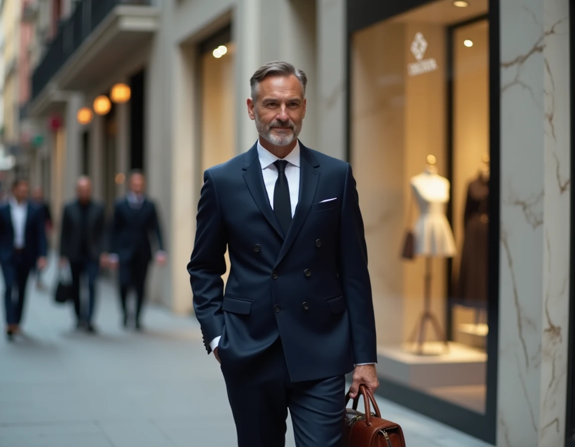 Homme en costume bleu marine marchant devant des boutiques de luxe à Milan capitale de la mode italienne