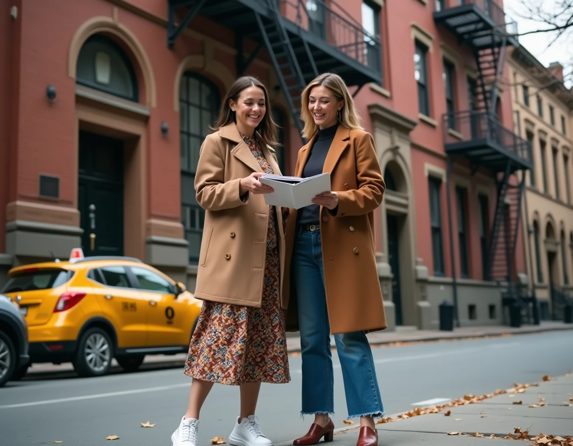 Deux femmes tendance devant un immeuble en briques à New York illustrant la scène mode américaine