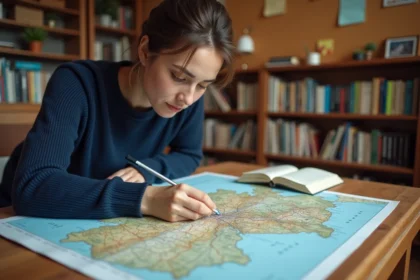 Jeune femme étudiant une carte de l'Allemagne avec ses Länder en français posée sur un bureau en bois