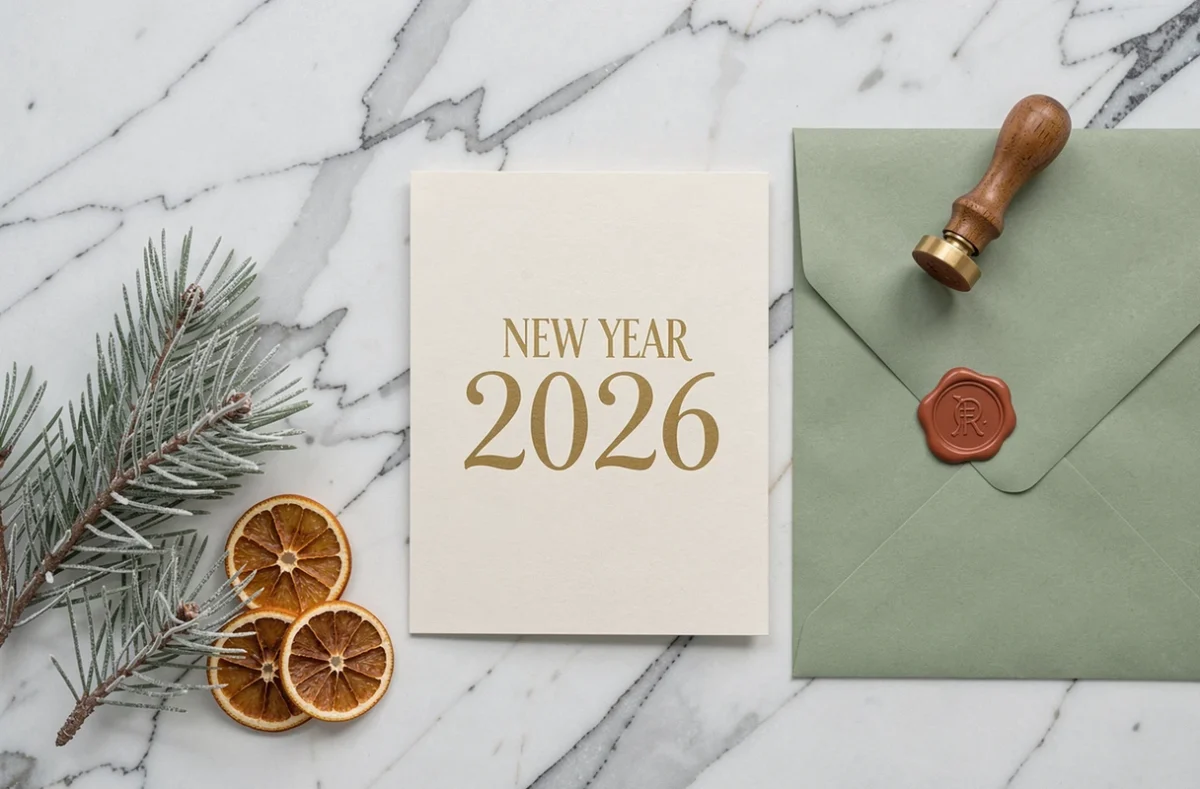 Flat lay élégant d'une carte de vœux bonne année 2026 avec lettres dorées sur marbre blanc
