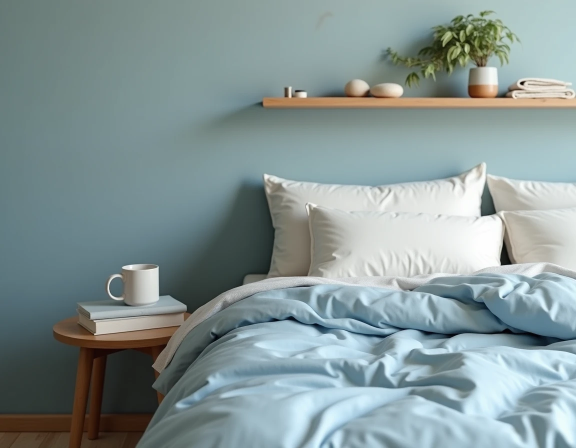 Coin de chambre décoré en bleu poudré et blanc ivoire avec literie en coton douce et table de chevet en bois naturel