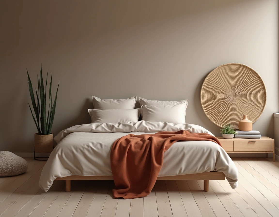 Chambre minimaliste en tons greige et terracotta avec literie en lin taupe et miroir en rotin pour une ambiance chaleureuse et reposante