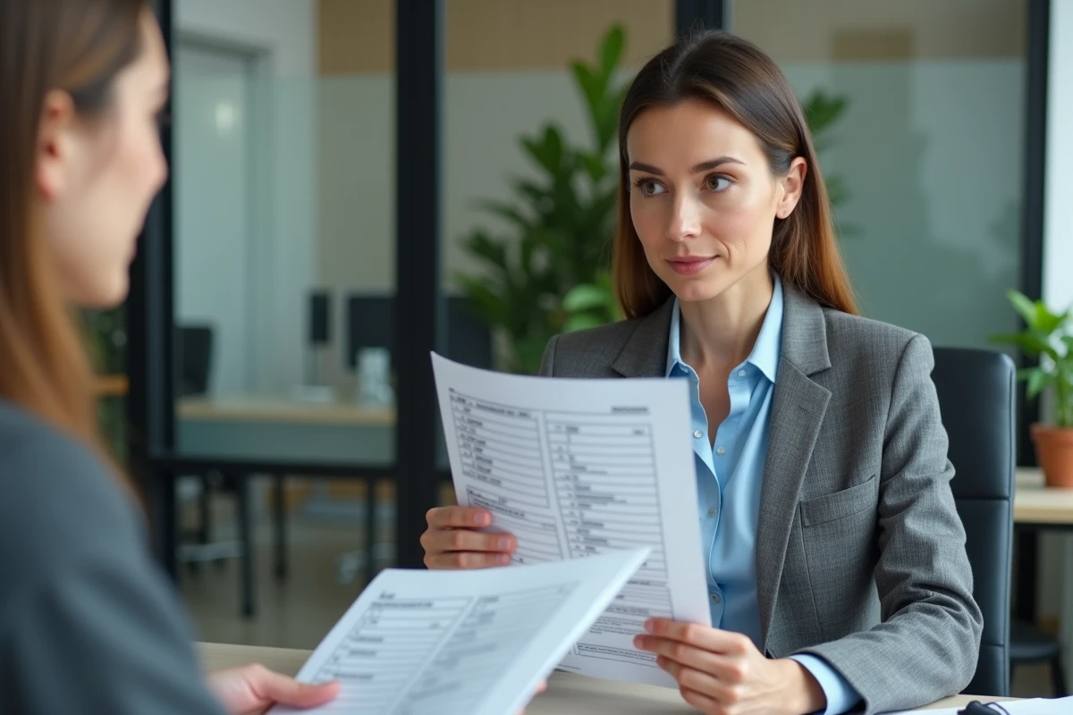 Cliente lisant attentivement un barème d'honoraires notariaux dans un cabinet notarial moderne