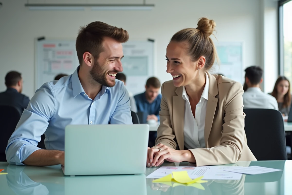 Deux co-fondateurs de startup collaborant autour d'un ordinateur portable et de notes dans un bureau moderne et ouvert