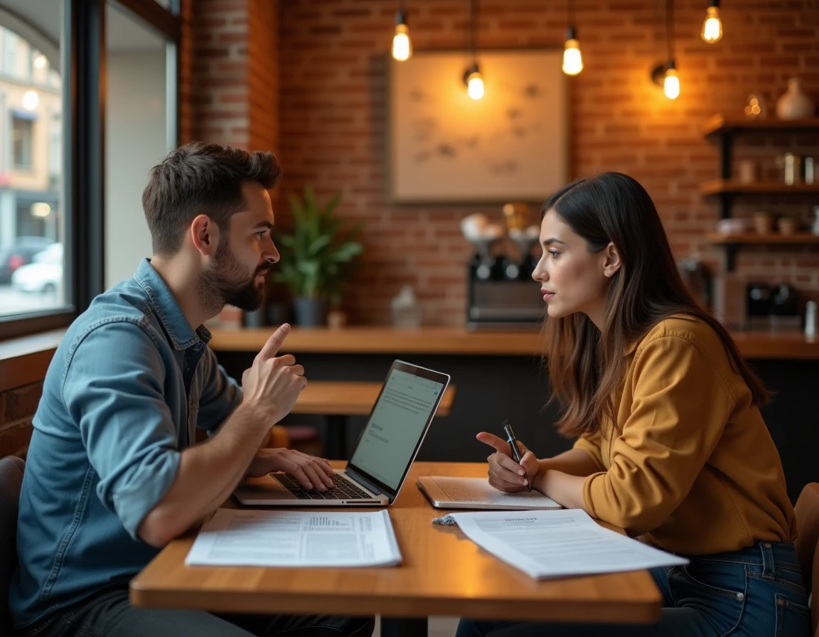 Deux personnes collaborant sur un projet de traduction dans un café avec des ordinateurs portables