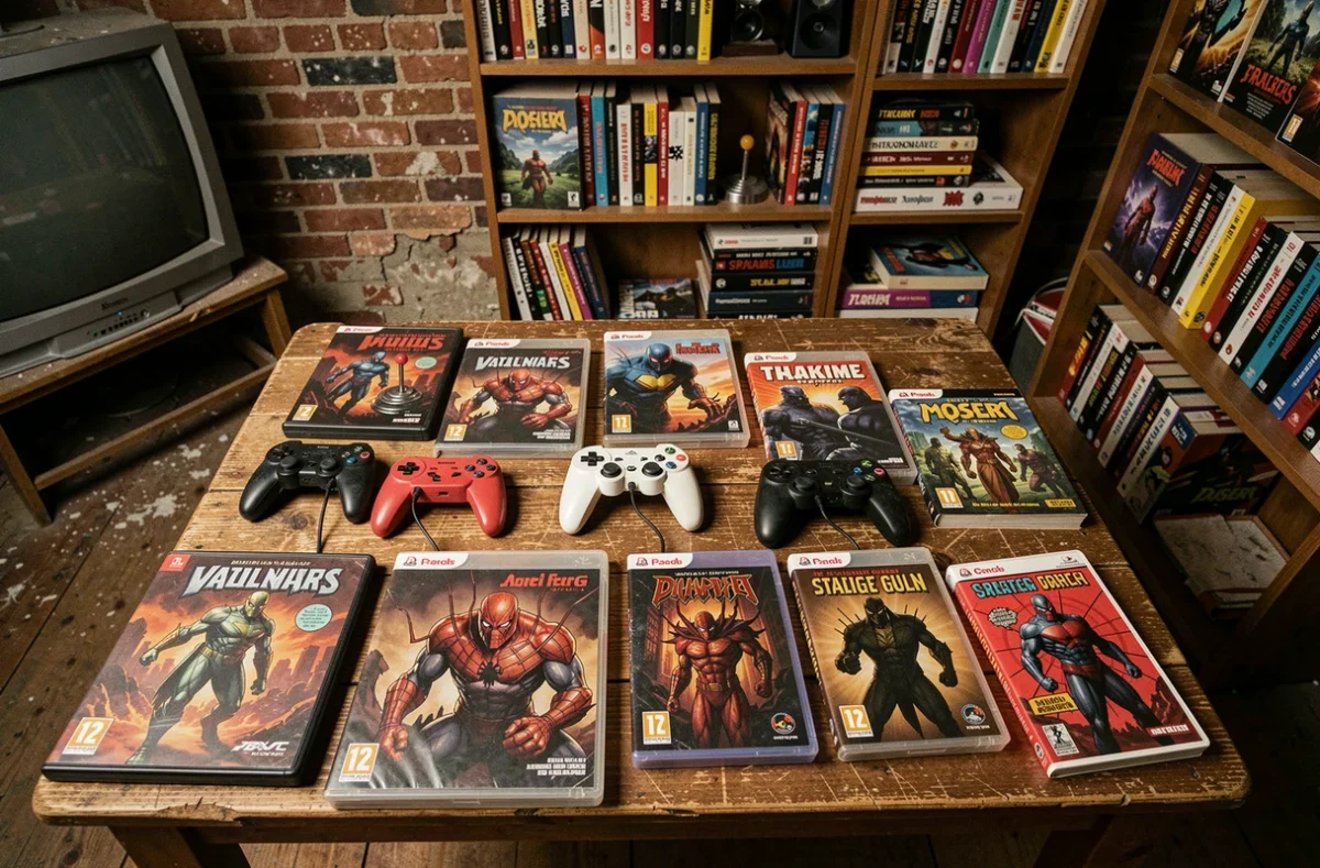 Collection de jeux vidéo et comics Spiderman avec des artworks de boss méchants sur une table en bois