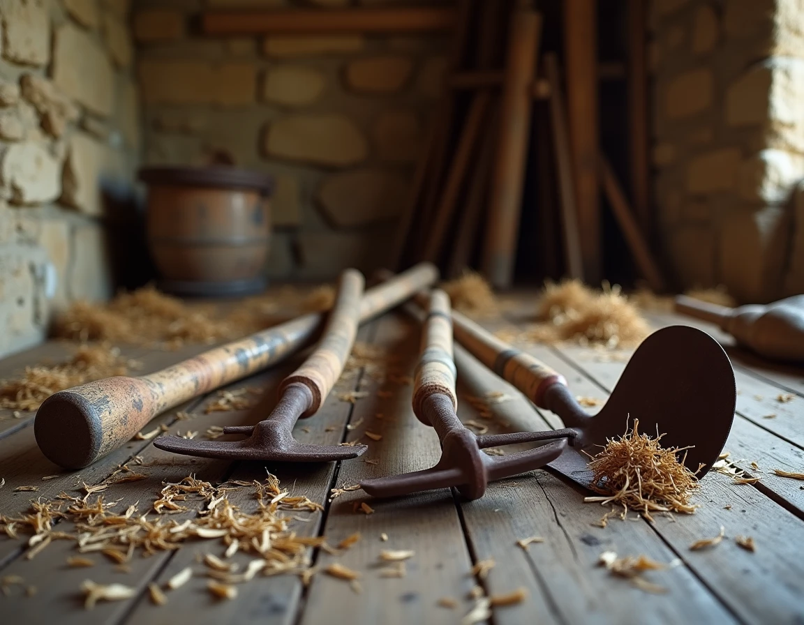 Collection d'outils agricoles traditionnels posés dans une grange en pierre, houe, fourche, bêche et râteau usagés