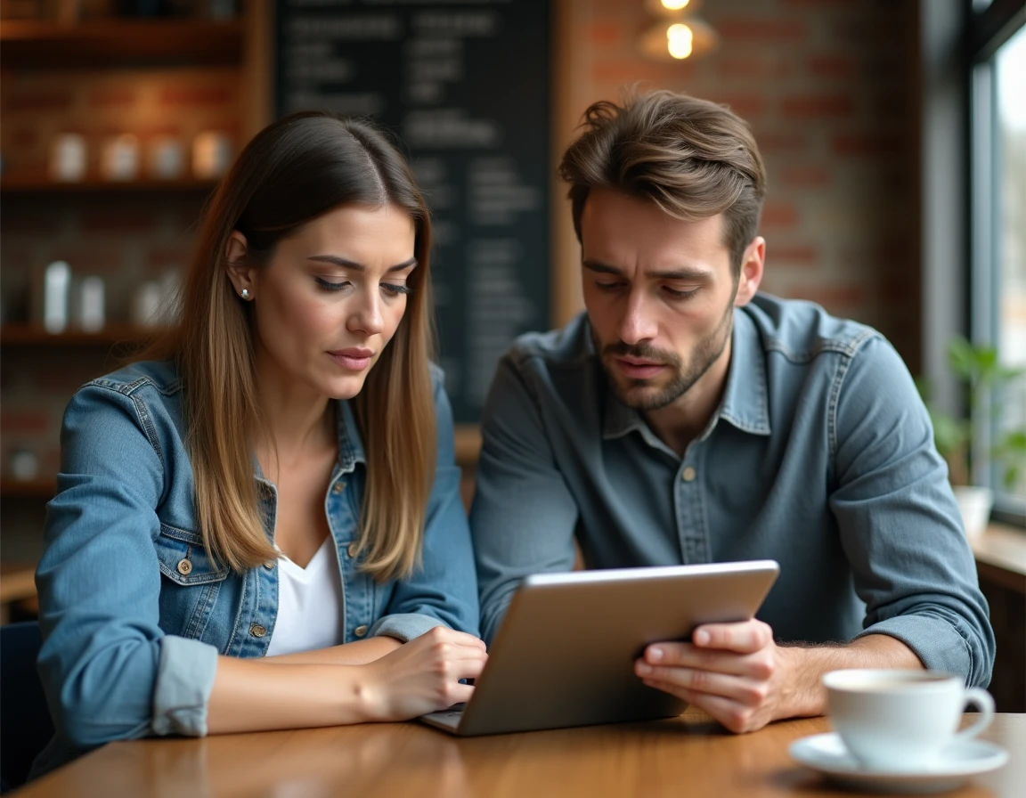 Deux collègues discutant ensemble de la détection d'un texte généré par une IA sur une tablette dans un café