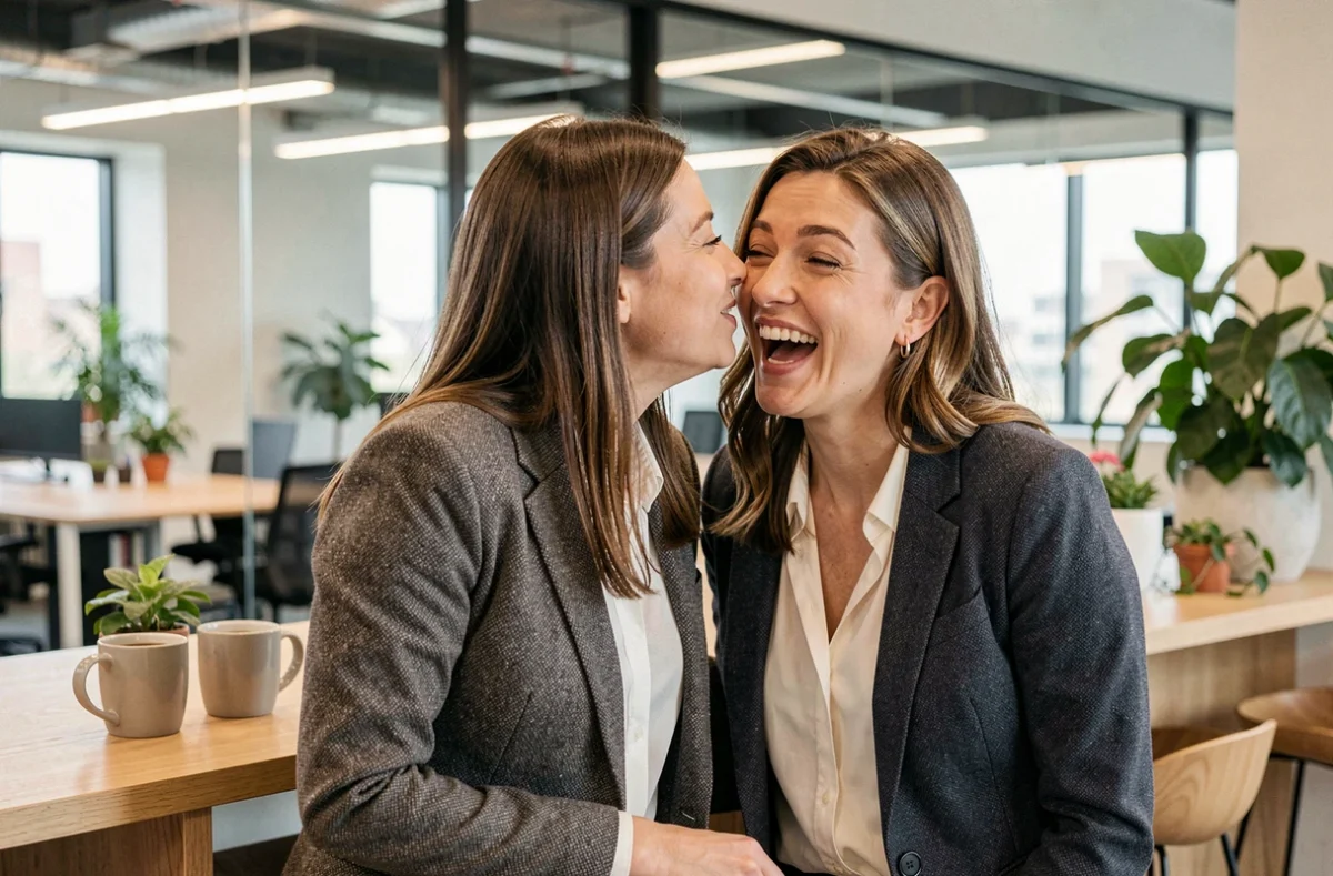 Deux collègues féminines riant ensemble dans une salle de pause de bureau, illustrant l'humour complice au travail