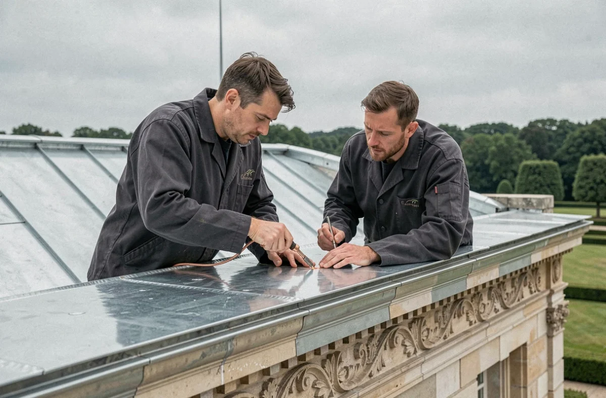 Compagnons couvreurs zingueurs de Chantilly soudant un joint de zinc sur un toit mansardé d'un bâtiment historique à Chantilly dans l'Oise