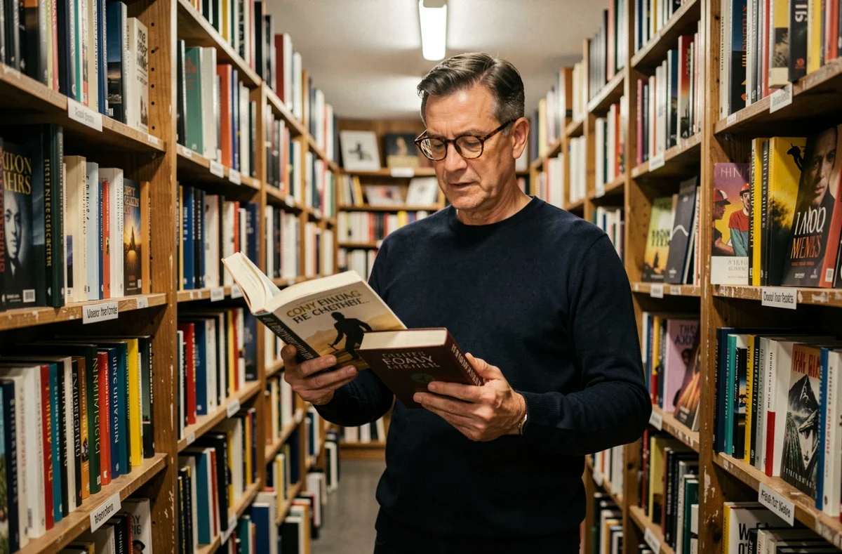 Homme en librairie indépendante comparant les formats de livres de poche et reliés selon le genre littéraire