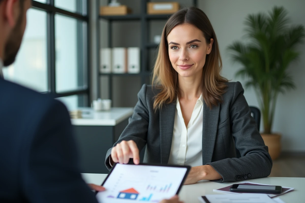 Conseillère financière expliquant les risques d'une hypothèque à un client dans un bureau professionnel, document immobilier sur le bureau