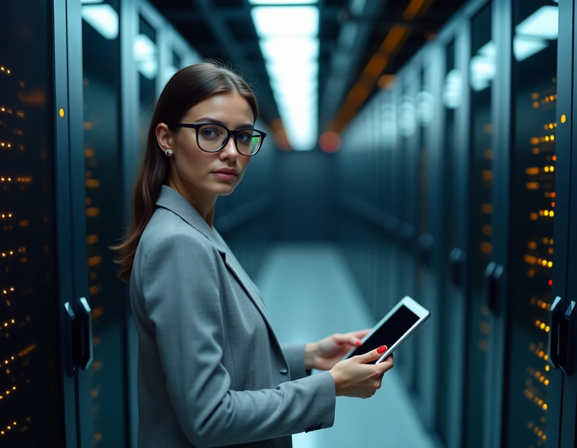 Femme dans un centre de données devant des serveurs, symbolisant le stockage et la conservation des données des conversations ChatGPT