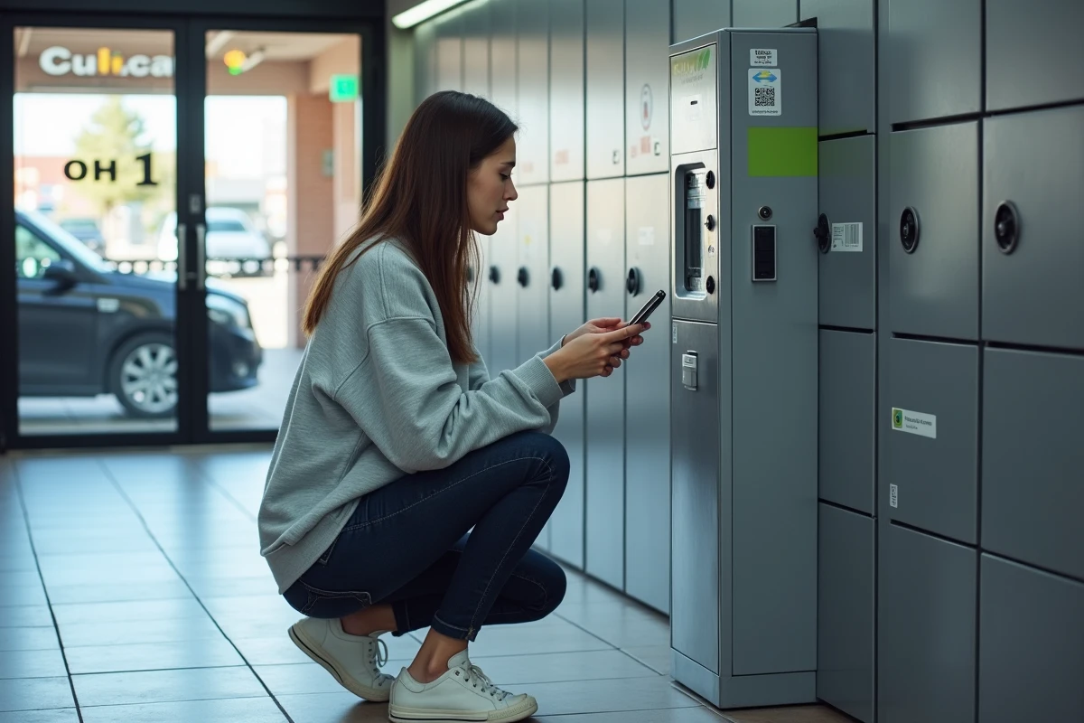 Jeune femme scannant un QR code sur une consigne Mondial Relay dans un supermarché