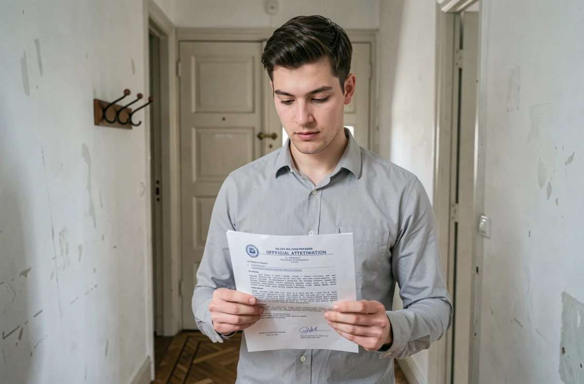 Jeune homme consultant une attestation d'hébergement dans un couloir d'appartement parisien