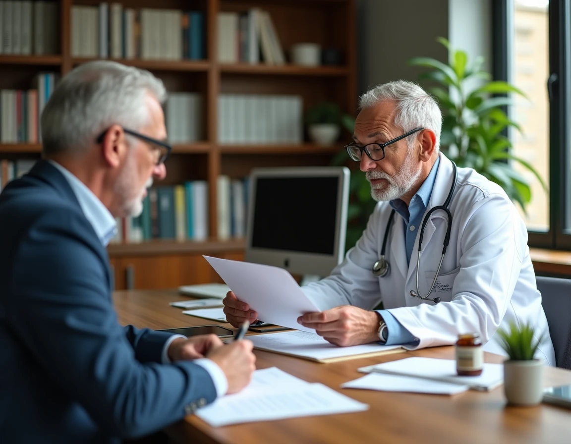 Patient et médecin généraliste discutant du remboursement de la médecine traditionnelle chinoise avec une carte Vitale et des plantes médicinales posées sur le bureau