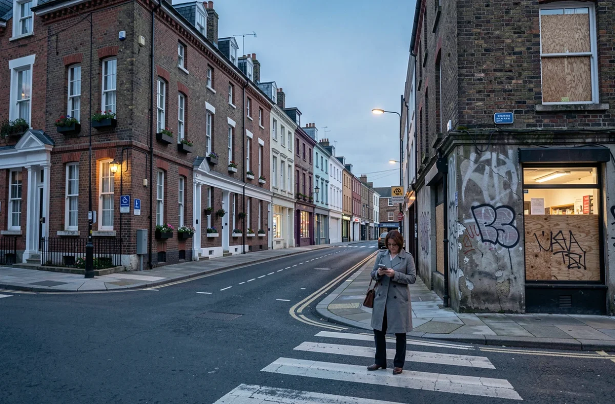 Contraste urbain dans un quartier de Dublin montrant des rues rénovées et des façades vieillissantes illustrant les disparités entre zones de la ville