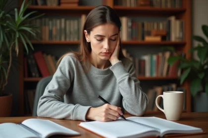 Femme corrigeant une faute de français dans un cahier posé sur un bureau en bois entouré de livres de grammaire