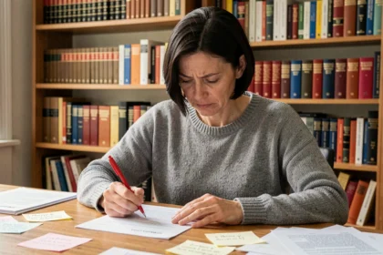 Femme en train de corriger un document de grammaire française avec un stylo rouge, illustrant les erreurs fréquentes d'orthographe et de ponctuation en français